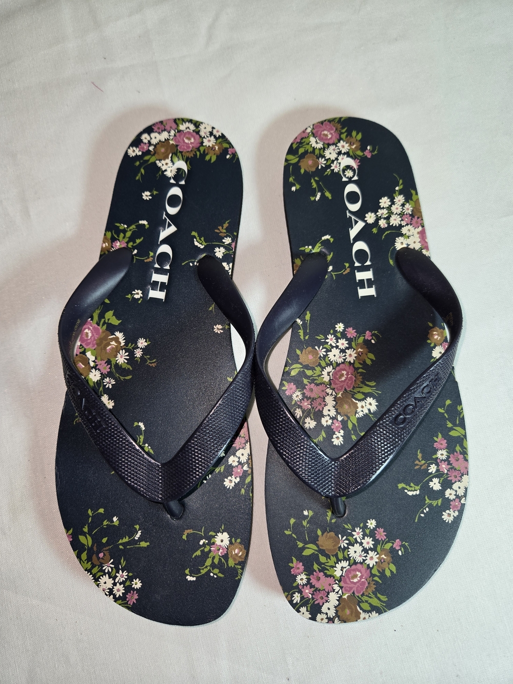 COACH Floral Print Flip Flop Sandals - Navy with Pink Flowers